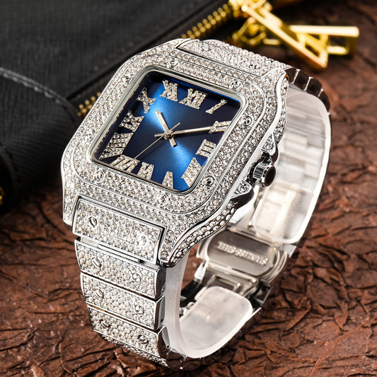 ICED OUT WATCH SQUARE NUMERAL (BLUE DIAL)